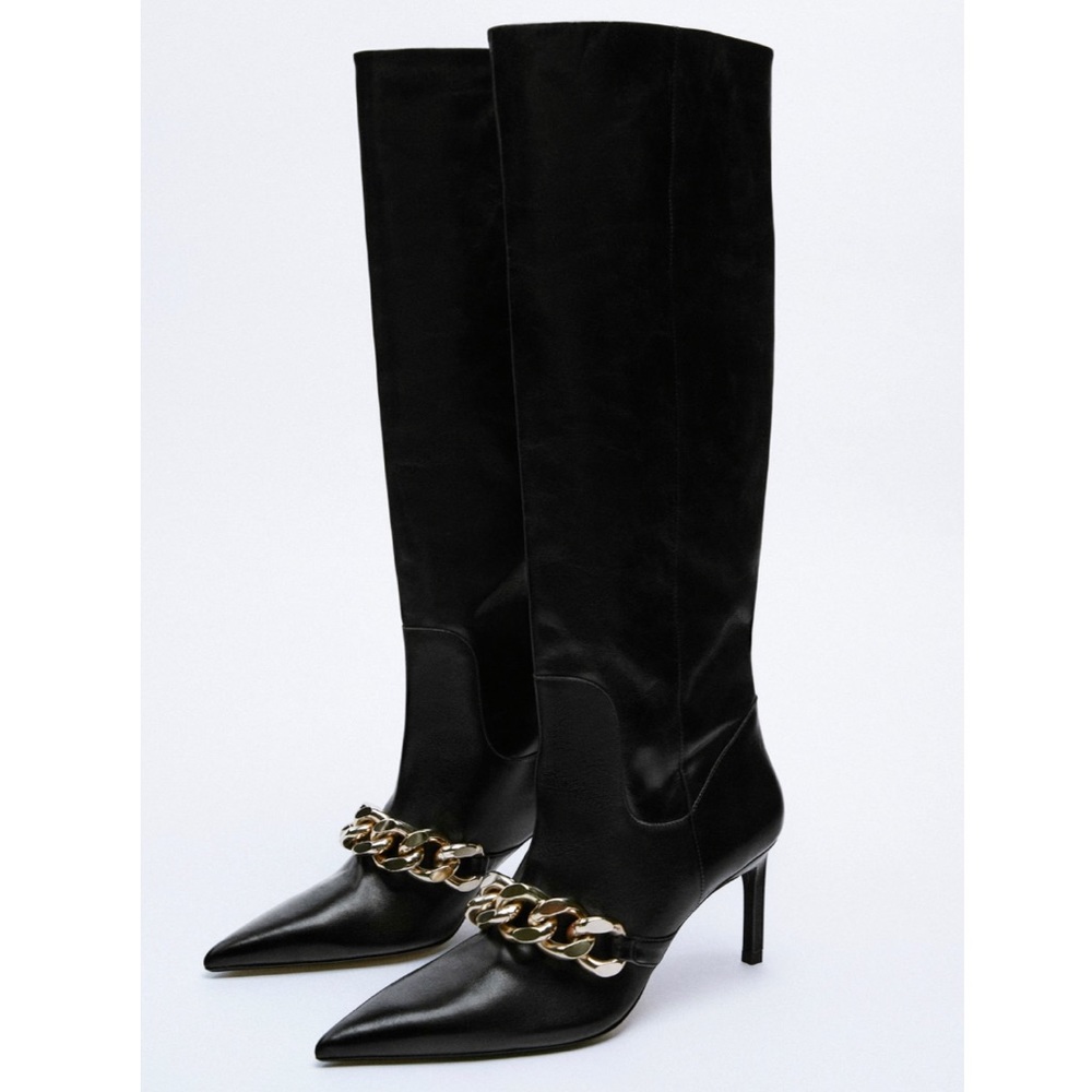 ZARA HEELED LEATHER KNEE HIGH BOOTS WITH CHAIN DETAIL - Picture 5 of 11